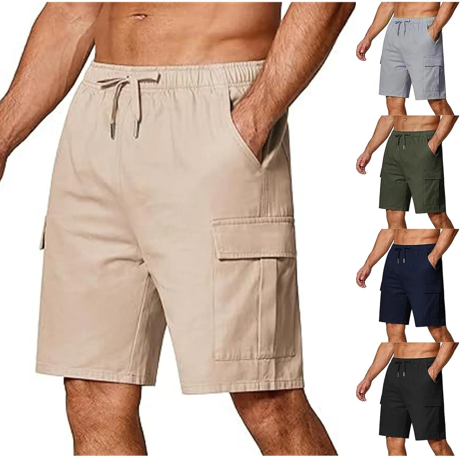 Men's Cargo Shorts Stretch Drawstring Athletic Shorts Plain Slim Fit Pants Summer Fashion Simple Pants with Pockets