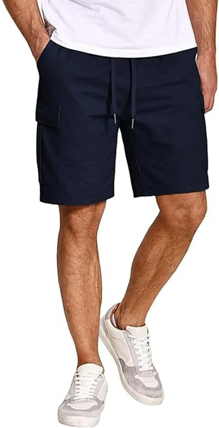 Men's Cargo Shorts Stretch Drawstring Athletic Shorts Plain Slim Fit Pants Summer Fashion Simple Pants with Pockets