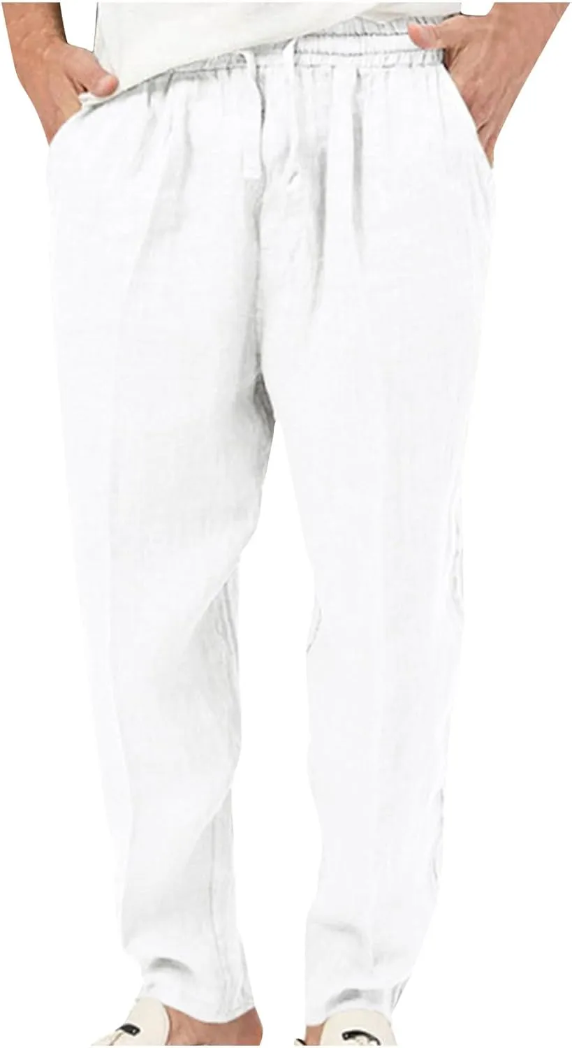 Men's Casual Drawstring Pants Elasticated Waist Trousers Solid Color Smart Work Trouser Athletic-Fit Sports Bottoms