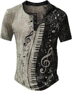 Mens Casual T Shirt Short Sleeve Muscle Slim Fit Colorful Printed Henley Shirts Summer Retro Tees Tops Plus Size 2024