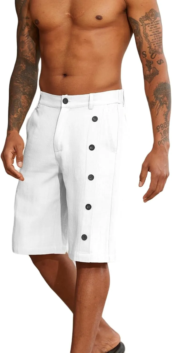 Men's Classic Linen Shorts Slim Fit Button Beach Pants Fashion Vacation Pants Summer Regular Fit Shorts with Pockets