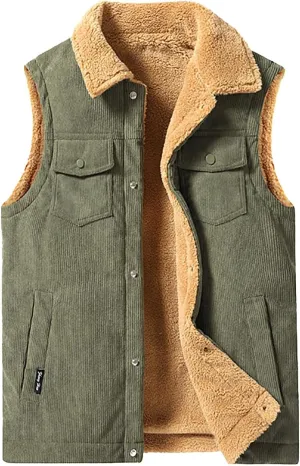 Mens Corduroy Fleece Vests Sherpa Lined Puffer Winter Warm Outdoor Outerwear Padded Sleeveless Jacket with Pockets