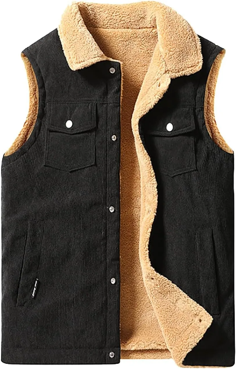 Mens Corduroy Fleece Vests Sherpa Lined Puffer Winter Warm Outdoor Outerwear Padded Sleeveless Jacket with Pockets