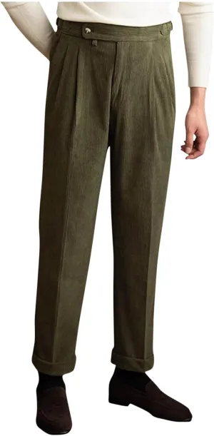 Mens Corduroy Formal Pants Vintage Pleated Front Suit Trousers Straight Leg Corduroy Trouser Business Office Dress Pant
