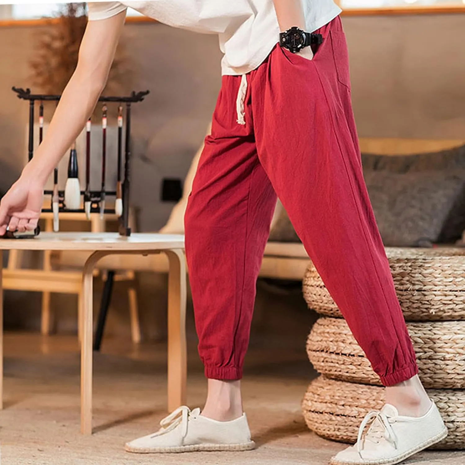 Mens Cotton Linen Beach Pants Elastic Waist Joggers Drawstring Lounge Pants Lightweight Tapered Pants Casual Trousers