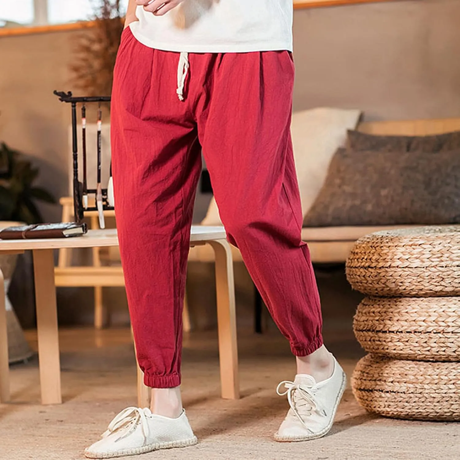 Mens Cotton Linen Beach Pants Elastic Waist Joggers Drawstring Lounge Pants Lightweight Tapered Pants Casual Trousers