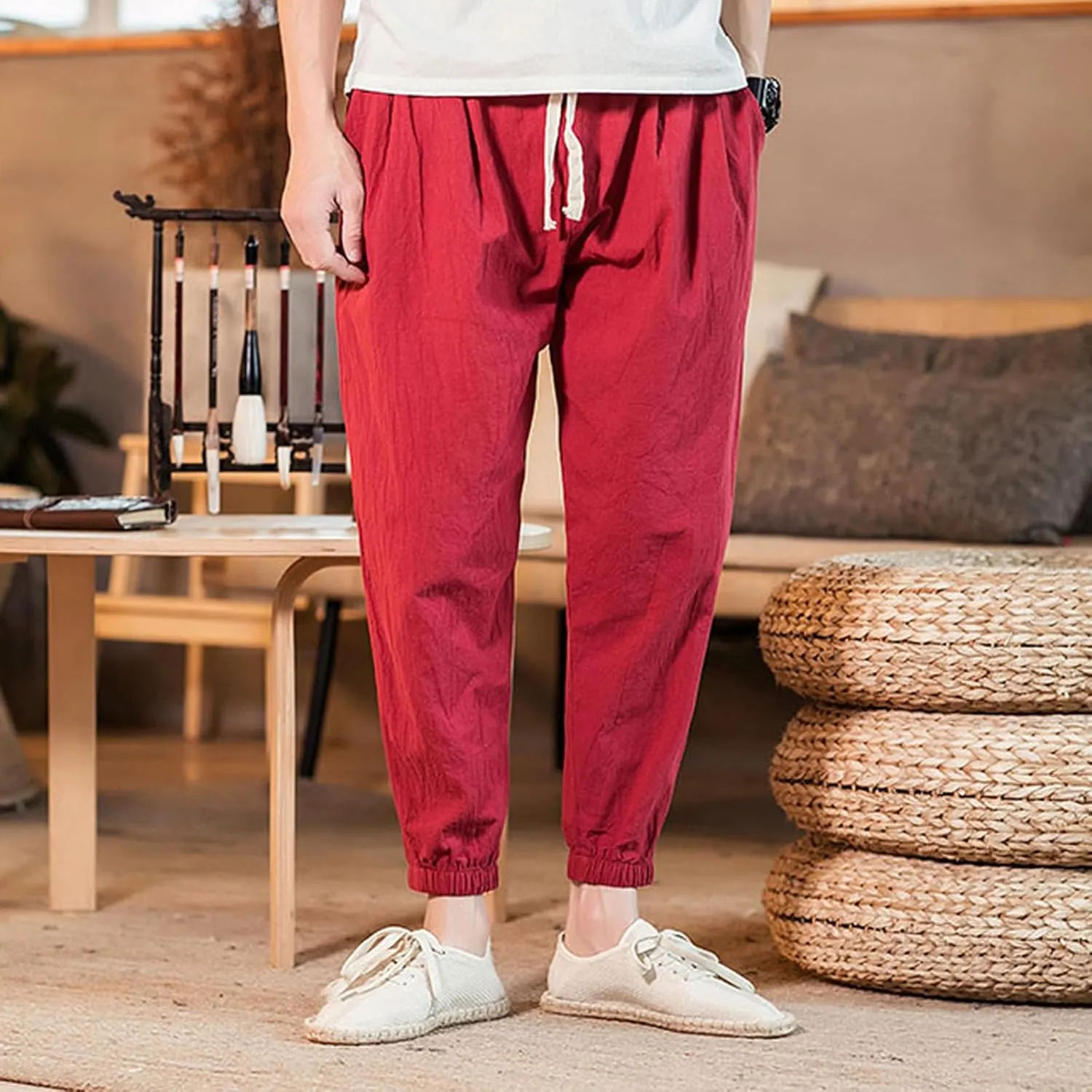 Mens Cotton Linen Beach Pants Elastic Waist Joggers Drawstring Lounge Pants Lightweight Tapered Pants Casual Trousers