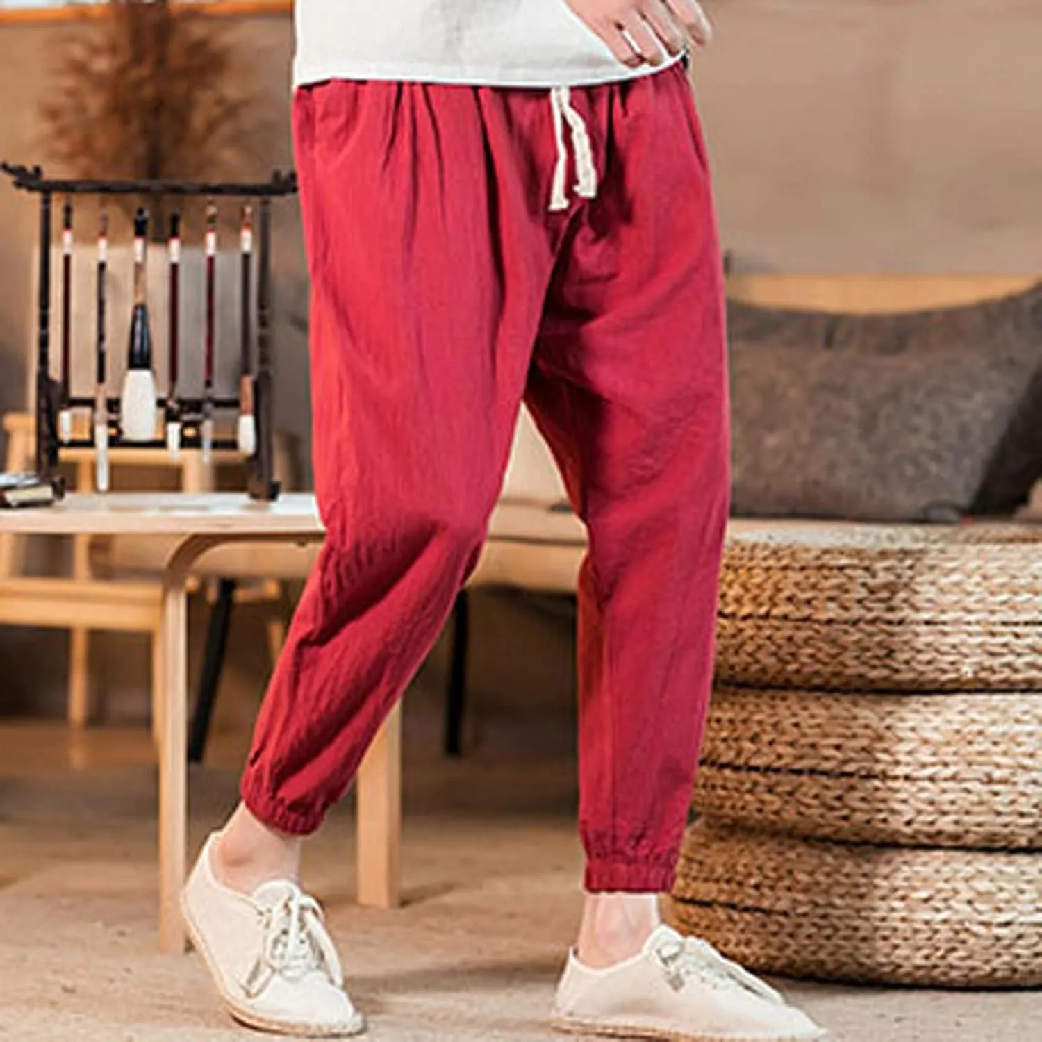 Mens Cotton Linen Beach Pants Elastic Waist Joggers Drawstring Lounge Pants Lightweight Tapered Pants Casual Trousers