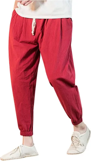 Mens Cotton Linen Beach Pants Elastic Waist Joggers Drawstring Lounge Pants Lightweight Tapered Pants Casual Trousers