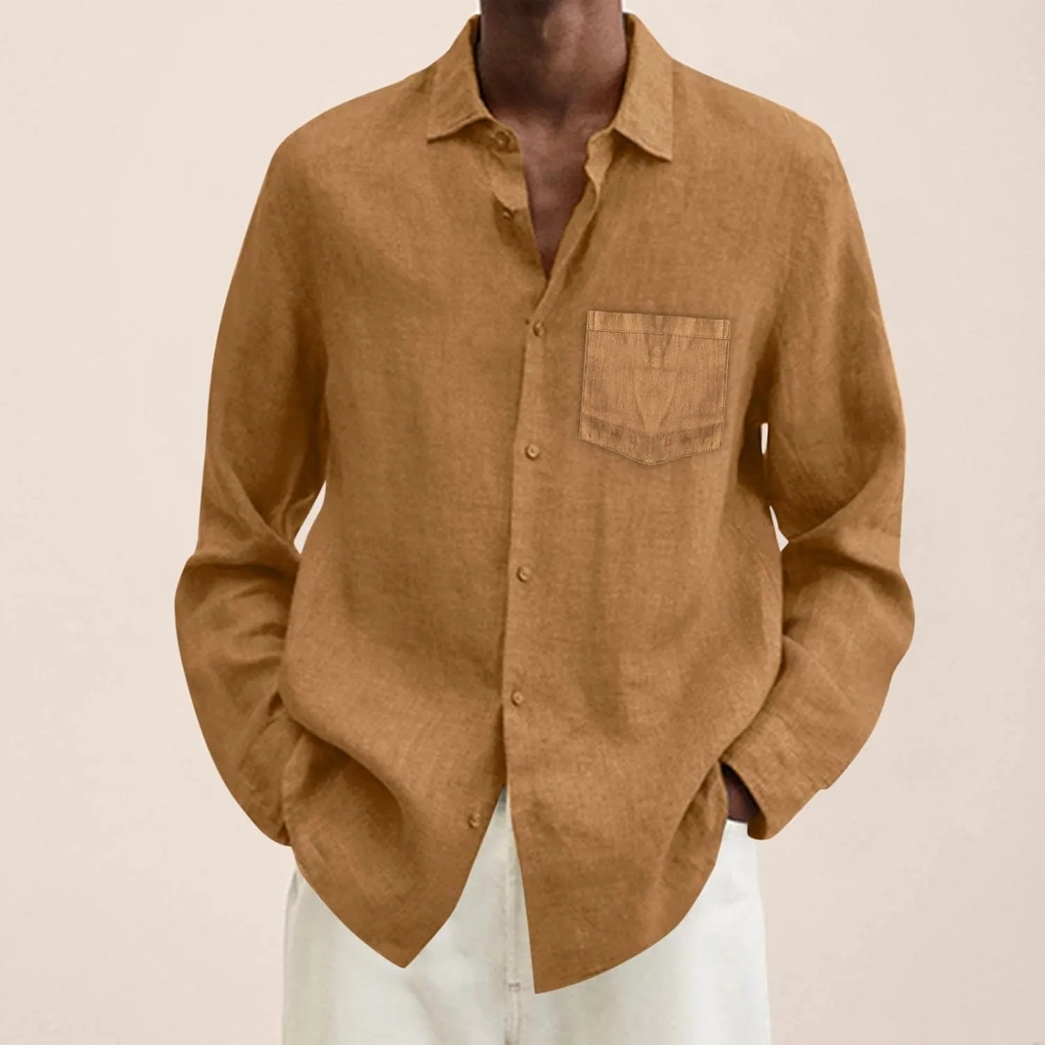 Mens Cotton Linen Button Down Shirts Long Sleeve Loose Fit Lapel T Shirts Retro Lightweight Solid Color Dress Shirt