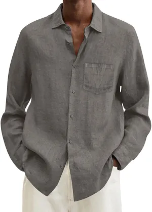 Mens Cotton Linen Button Down Shirts Long Sleeve Loose Fit Lapel T Shirts Retro Lightweight Solid Color Dress Shirt