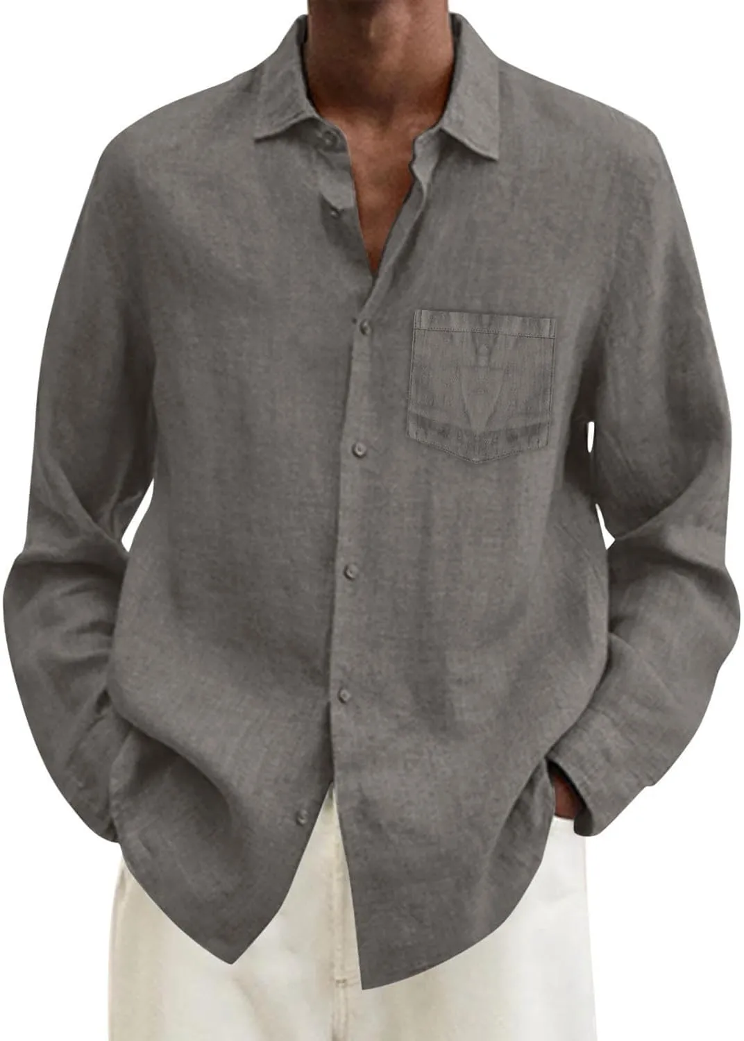 Mens Cotton Linen Button Down Shirts Long Sleeve Loose Fit Lapel T Shirts Retro Lightweight Solid Color Dress Shirt