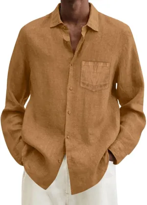 Mens Cotton Linen Button Down Shirts Long Sleeve Loose Fit Lapel T Shirts Retro Lightweight Solid Color Dress Shirt