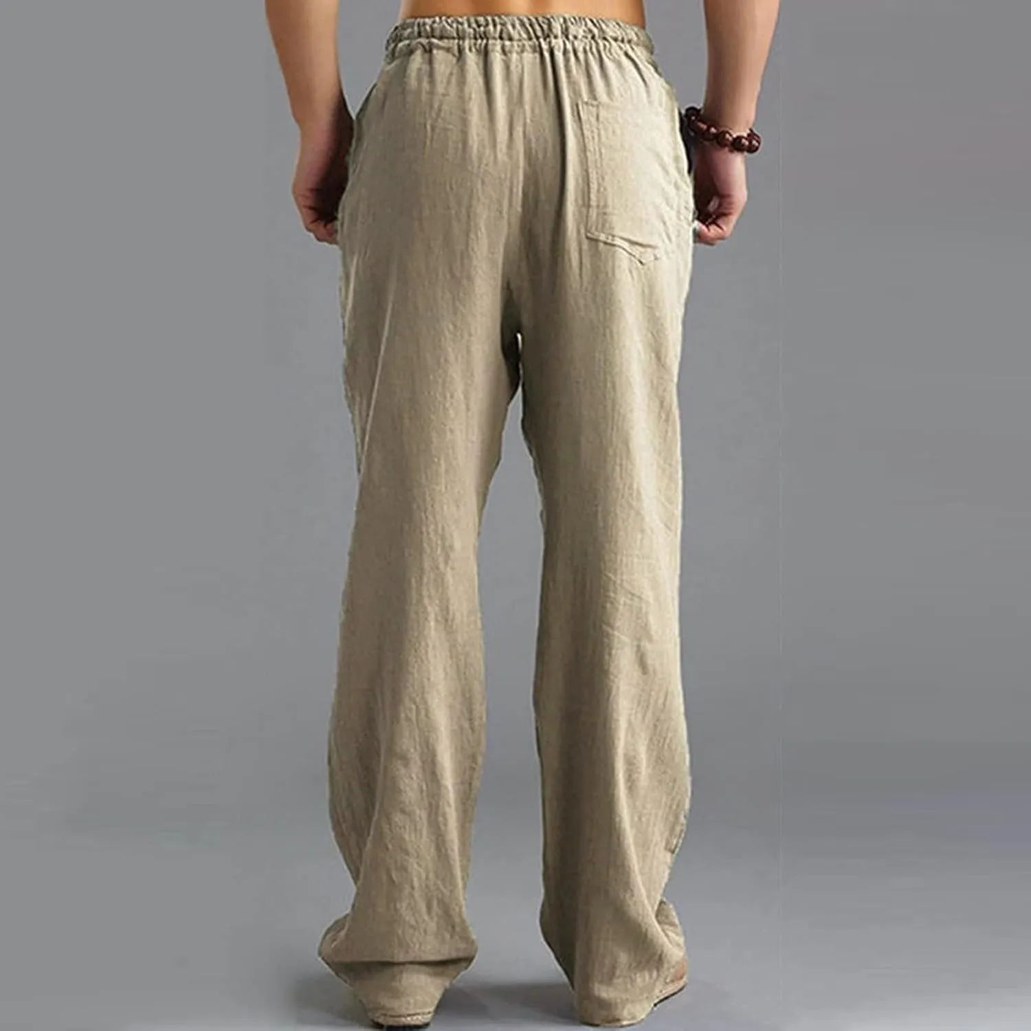 Mens Cotton Linen Pants Summer Drawstring Trousers Elastic Waist Casual Jogger Loose Beach Yoga Pants Solid Sweatpants