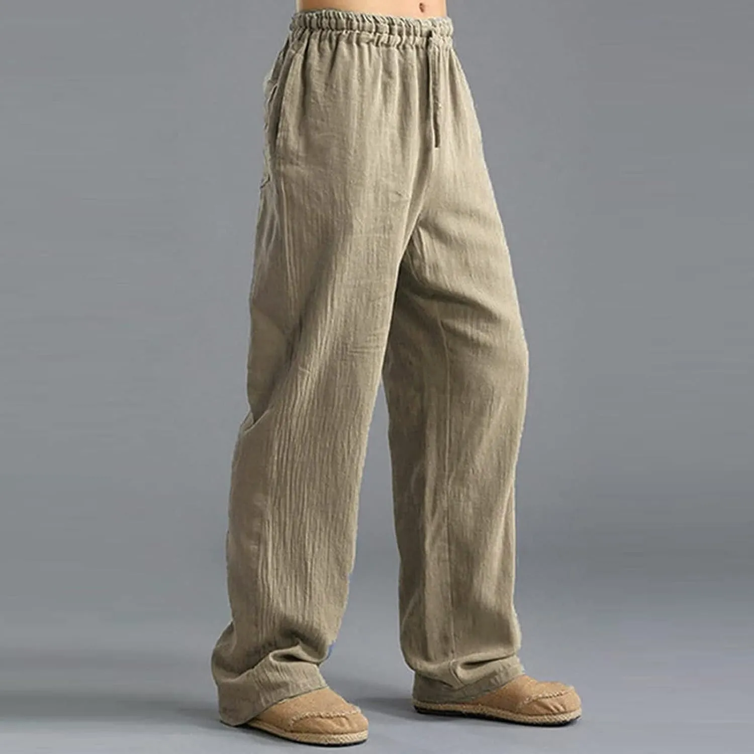 Mens Cotton Linen Pants Summer Drawstring Trousers Elastic Waist Casual Jogger Loose Beach Yoga Pants Solid Sweatpants