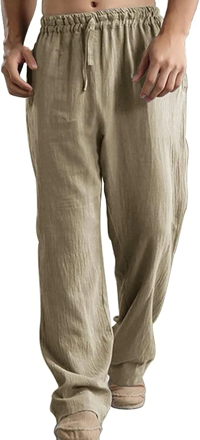 Mens Cotton Linen Pants Summer Drawstring Trousers Elastic Waist Casual Jogger Loose Beach Yoga Pants Solid Sweatpants