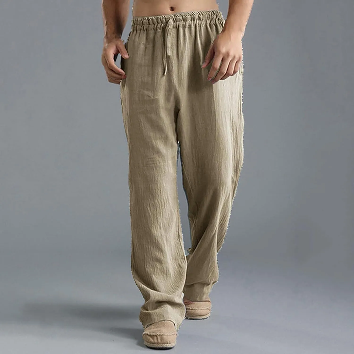 Mens Cotton Linen Pants Summer Drawstring Trousers Elastic Waist Casual Jogger Loose Beach Yoga Pants Solid Sweatpants