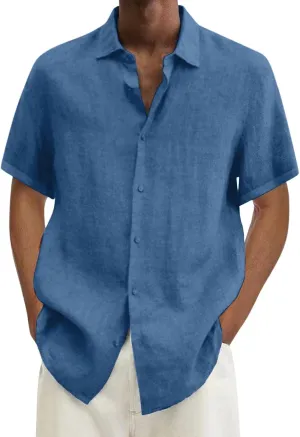 Mens Cotton Linen Shirts 2024 Summer Short Sleeve Button Down Shirts Relaxed Fit Casual Beach Tops Hawaiian Shirts