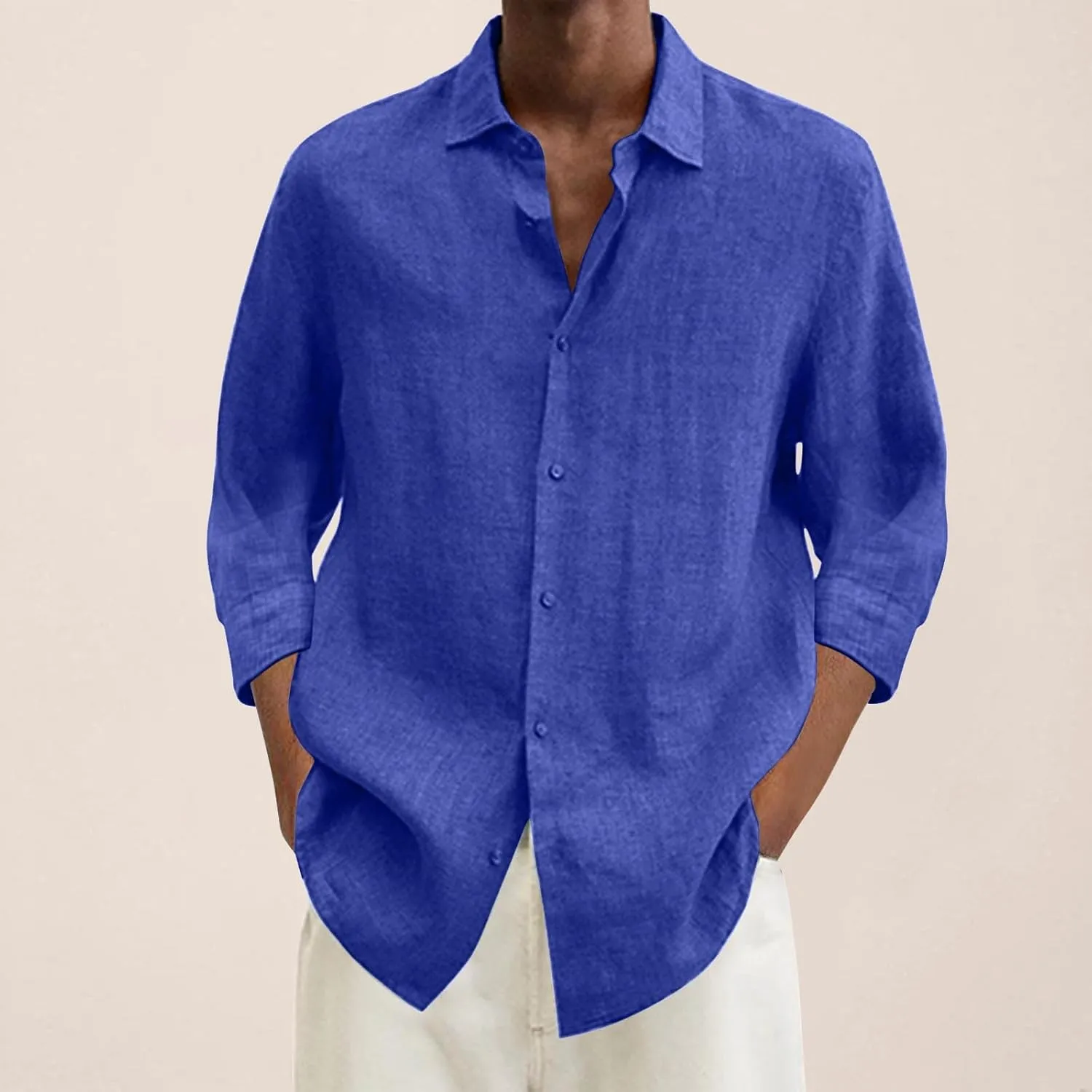 Men's Cotton Linen Shirts Plus Size Loose Button Down Long Sleeve Beach Wedding Shirt Casual Summer Solid Tropical Top