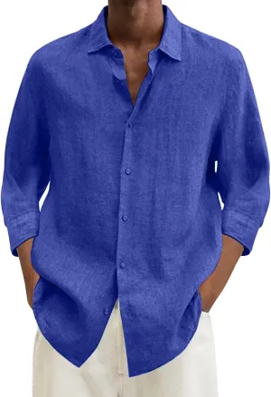 Men's Cotton Linen Shirts Plus Size Loose Button Down Long Sleeve Beach Wedding Shirt Casual Summer Solid Tropical Top