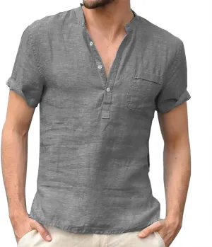 Men's Cotton Linen T-Shirts Casual Short Sleeve V Neck Button Henley Shirts Lightweight Quick Dry Beach Hippie Shirts
