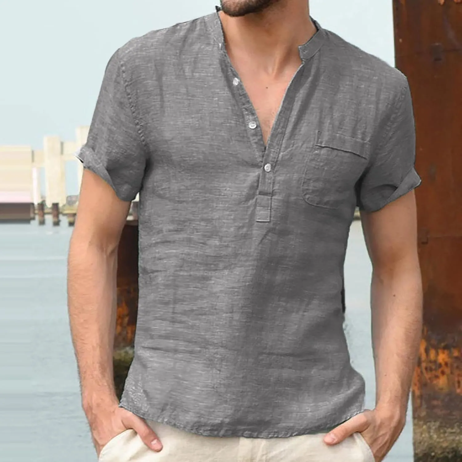 Men's Cotton Linen T-Shirts Casual Short Sleeve V Neck Button Henley Shirts Lightweight Quick Dry Beach Hippie Shirts