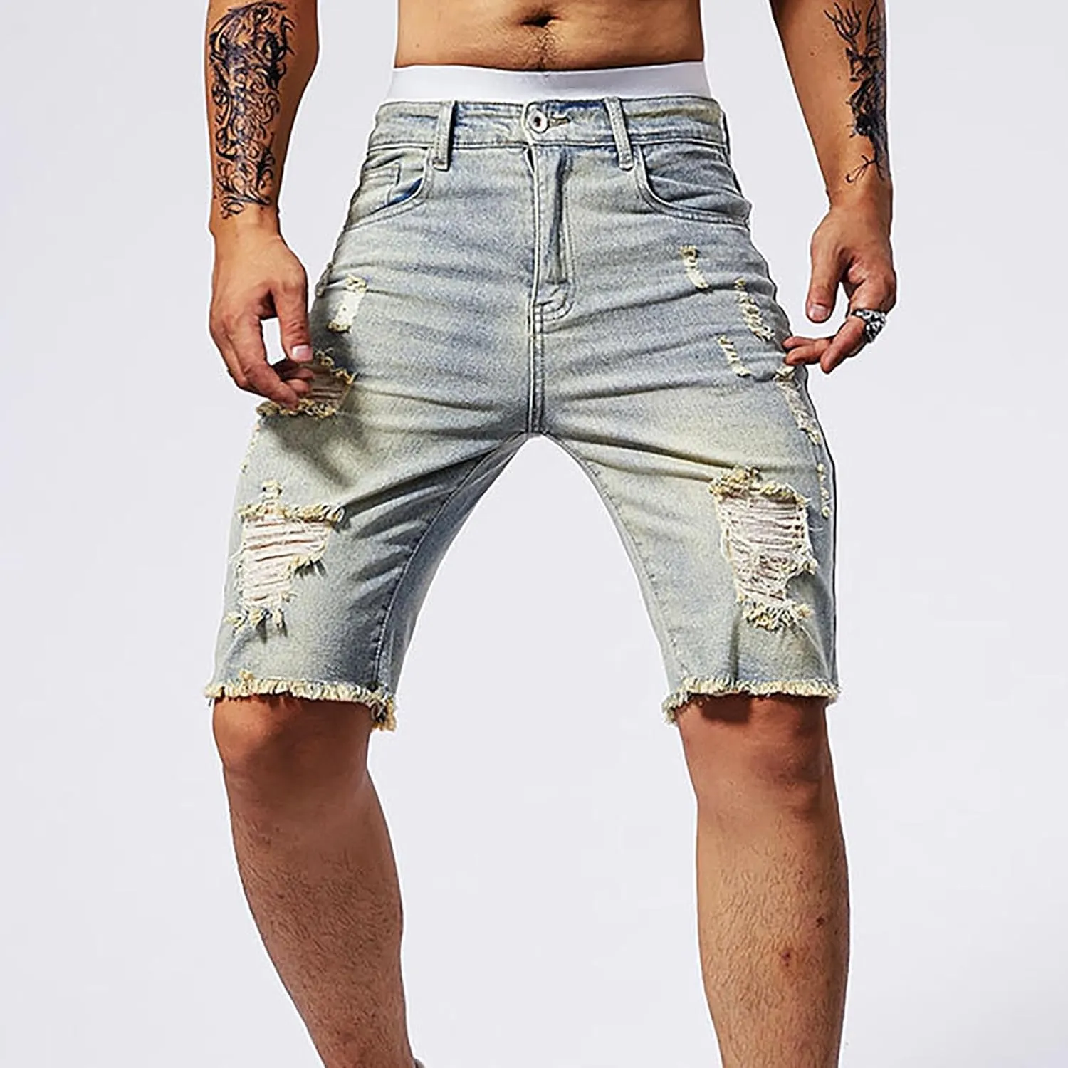 Mens Demin Shorts Casual Raw Trim Slim Fit Ripped Distressed Jean Shorts Y2K Hip Hop Fashion Grunge Denim Bottom