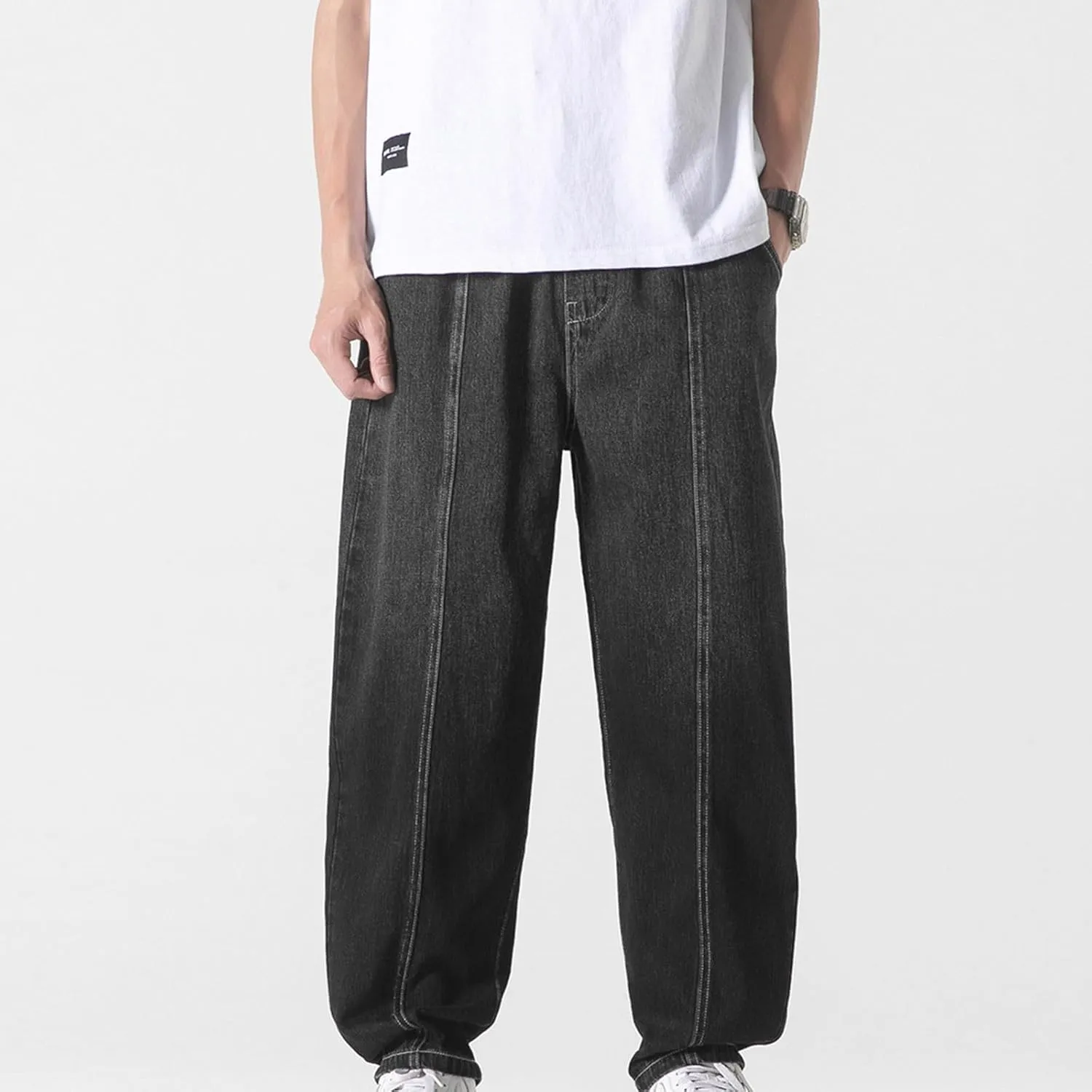 Men's Denim Jeans Casual Straight Leg Pants Basic Work Denim Pant Gradient Printed Jeans Trousers Elastic Waist Pants