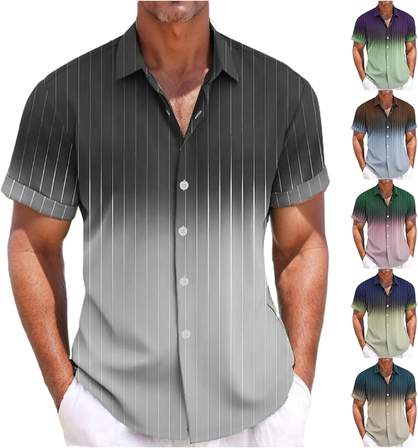 Men's Gradient Striped Cotton Linen Short-Sleeved Shirt Six-Button Cardigan Hawaiian Style Beach Short Shirt