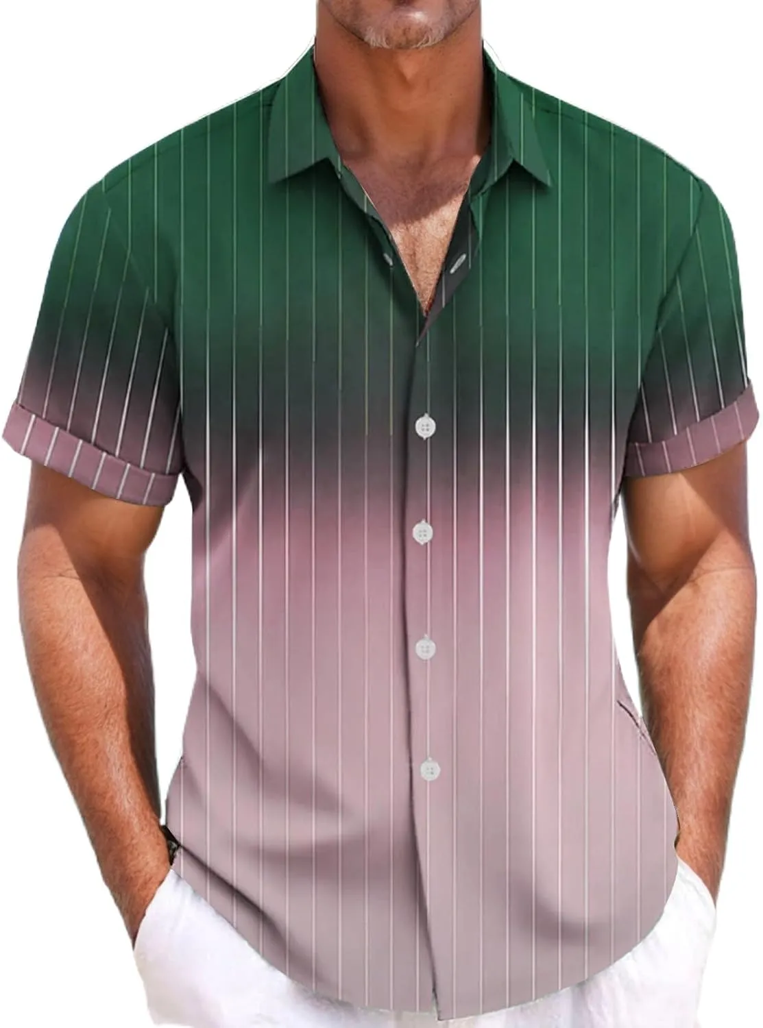 Men's Gradient Striped Cotton Linen Short-Sleeved Shirt Six-Button Cardigan Hawaiian Style Beach Short Shirt