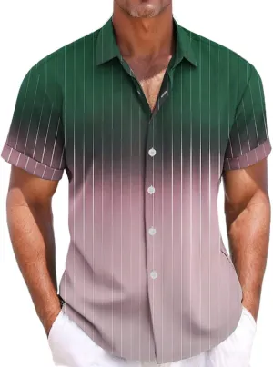 Men's Gradient Striped Cotton Linen Short-Sleeved Shirt Six-Button Cardigan Hawaiian Style Beach Short Shirt