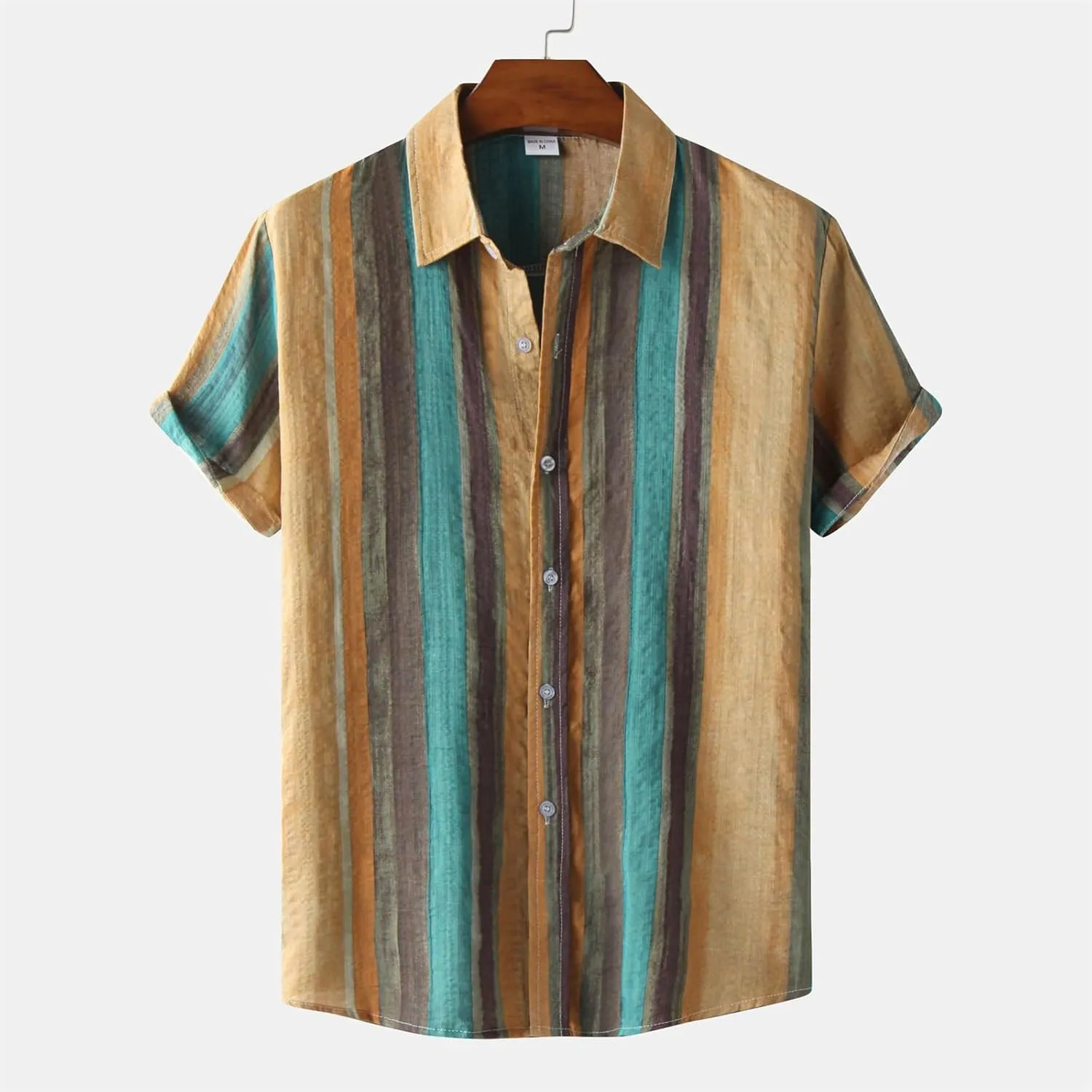 Men's Hawaiian Floral Shirts Short Sleeve Button Up Casual Shirt Cotton Linen Shirts Color Block Striped Print Tops