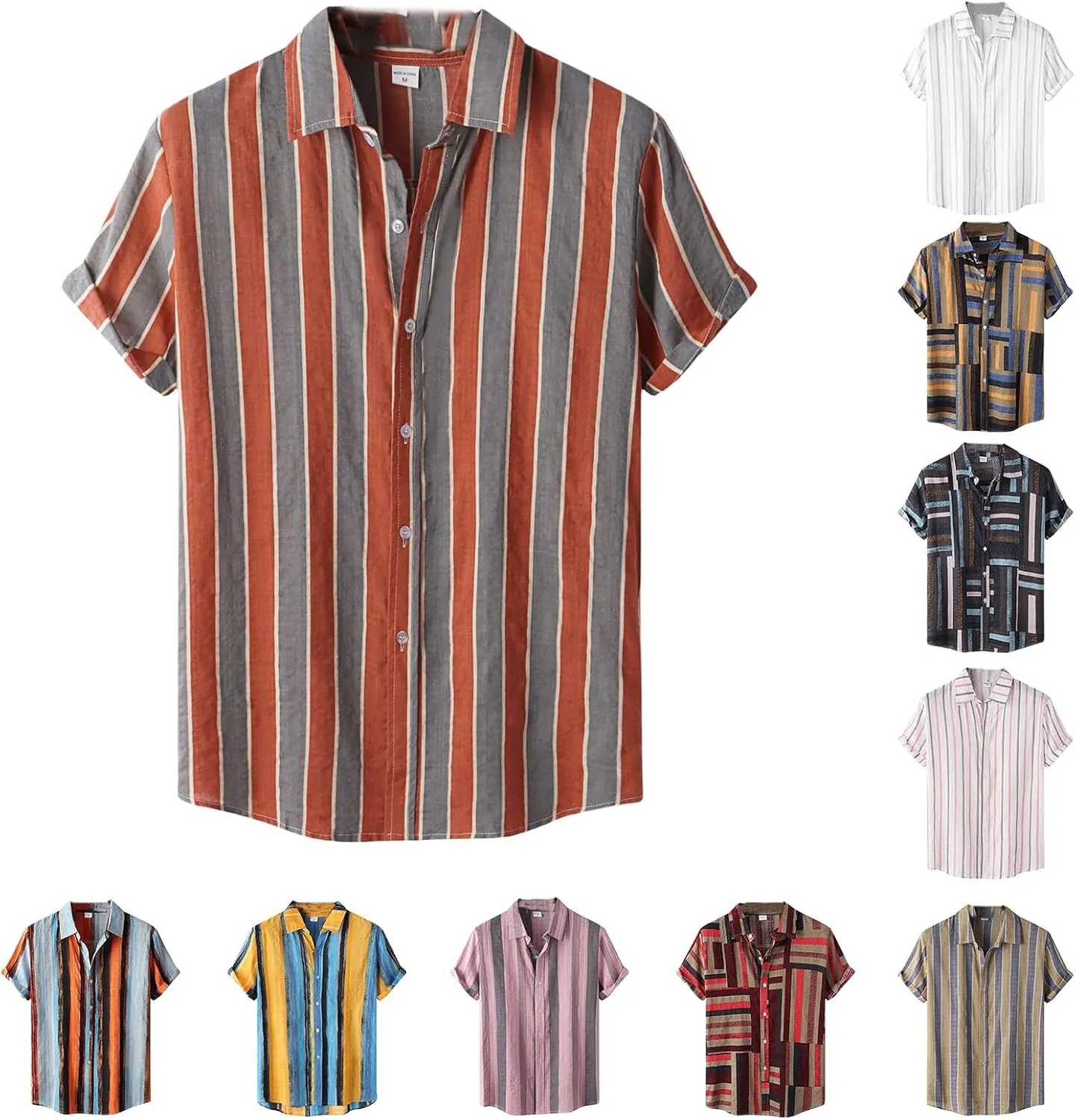 Men's Hawaiian Floral Shirts Short Sleeve Button Up Casual Shirt Cotton Linen Shirts Color Block Striped Print Tops