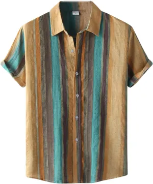 Men's Hawaiian Floral Shirts Short Sleeve Button Up Casual Shirt Cotton Linen Shirts Color Block Striped Print Tops