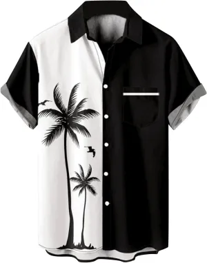 Men's Hawaiian Shirts Short Sleeve Beach Sun Coconut Tree Graphic Button Down Shirt Summer Linen Casual Collar Tops