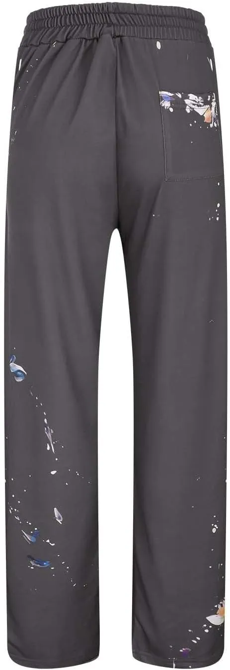 Mens Hip Hop Stacked Sweatpants Drawstring Elastic Waist Y2K Flared Jogger Pants Relaxed Fit Print Bell Bottom Pants