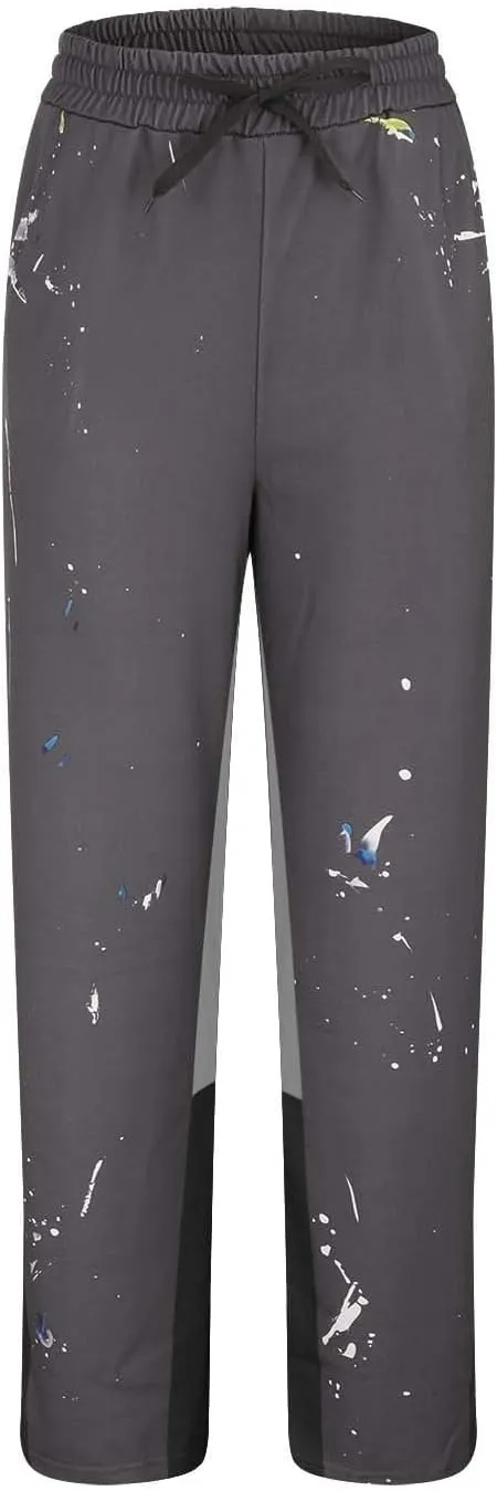 Mens Hip Hop Stacked Sweatpants Drawstring Elastic Waist Y2K Flared Jogger Pants Relaxed Fit Print Bell Bottom Pants