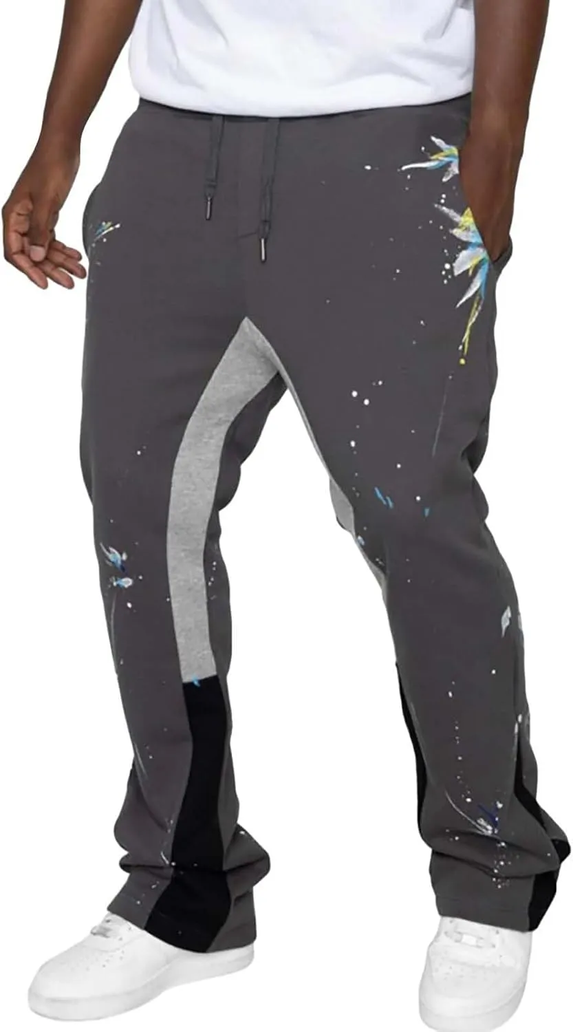 Mens Hip Hop Stacked Sweatpants Drawstring Elastic Waist Y2K Flared Jogger Pants Relaxed Fit Print Bell Bottom Pants