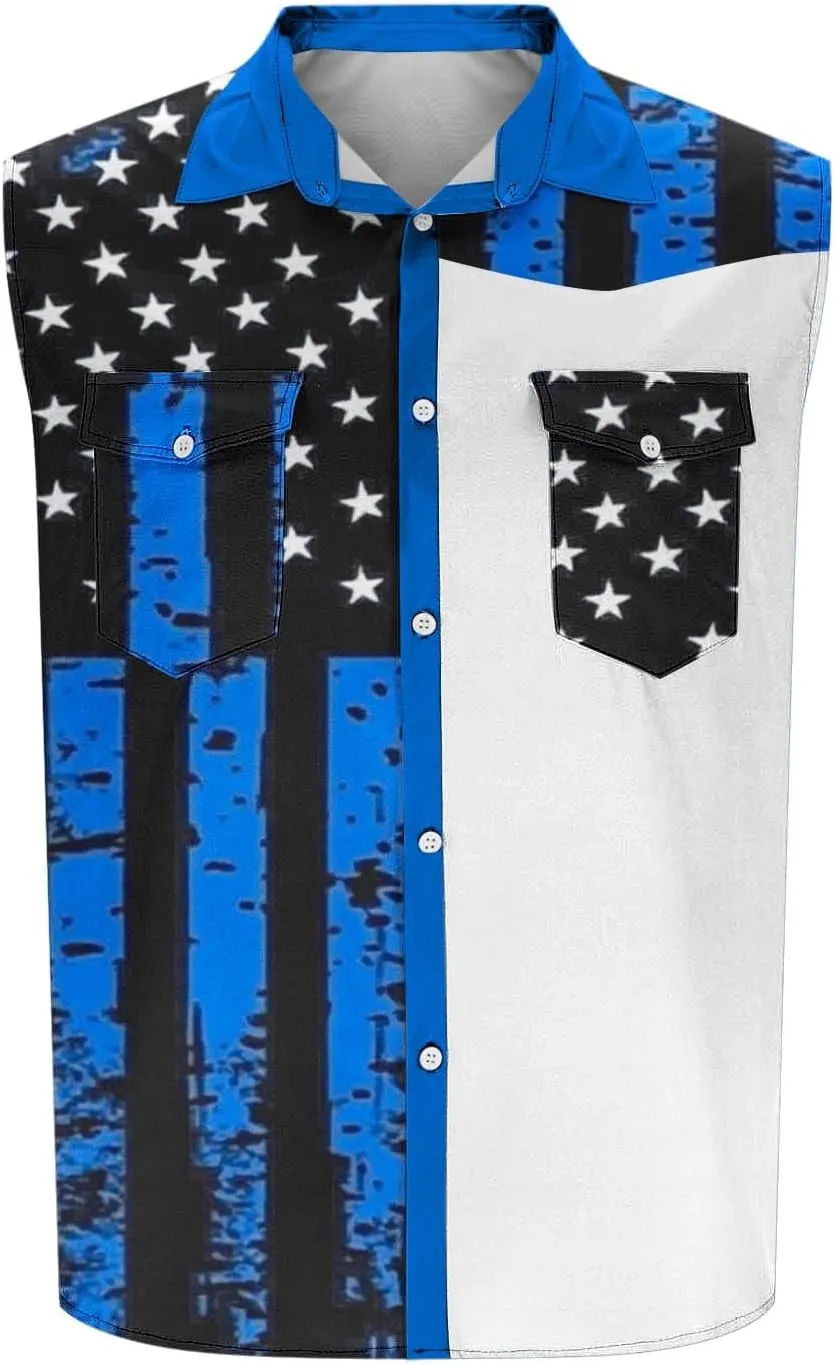 Men's Independence Day Tank Tops Summer Fashion American Flag Print Lapel Button Down Sleeveless Shirts