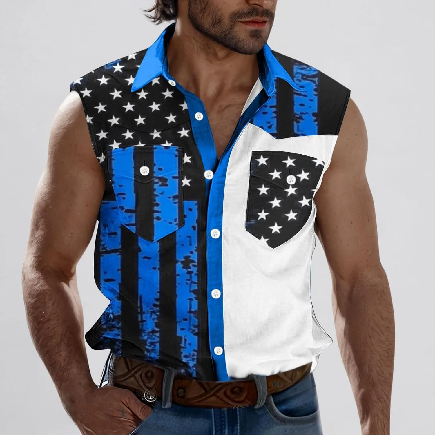 Men's Independence Day Tank Tops Summer Fashion American Flag Print Lapel Button Down Sleeveless Shirts