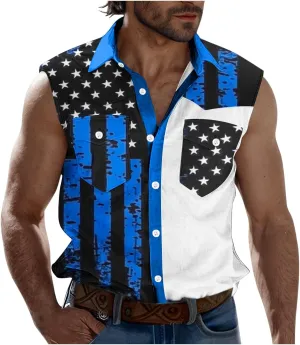 Men's Independence Day Tank Tops Summer Fashion American Flag Print Lapel Button Down Sleeveless Shirts