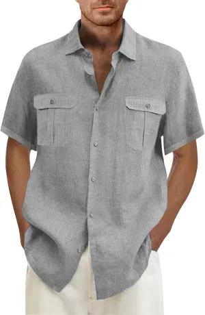 Men's Linen Shirts Double-Pocket Sport Shirt Short Sleeve Casual Shirts Button Down Shirt Beach Summer Vacation Shirts
