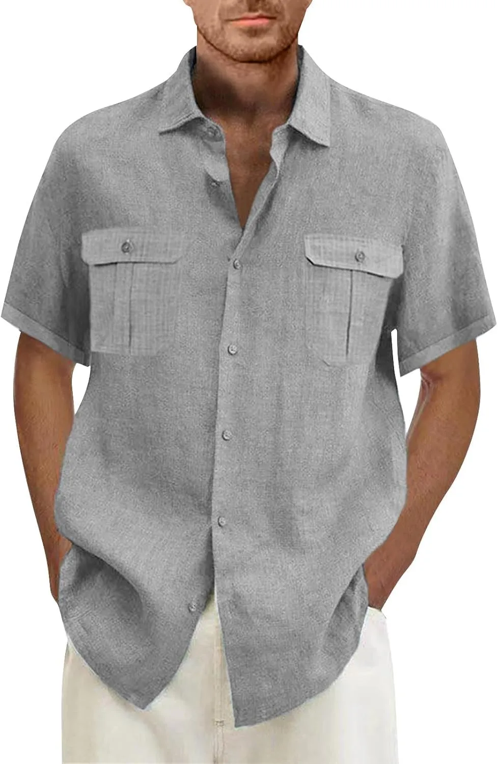 Men's Linen Shirts Double-Pocket Sport Shirt Short Sleeve Casual Shirts Button Down Shirt Beach Summer Vacation Shirts