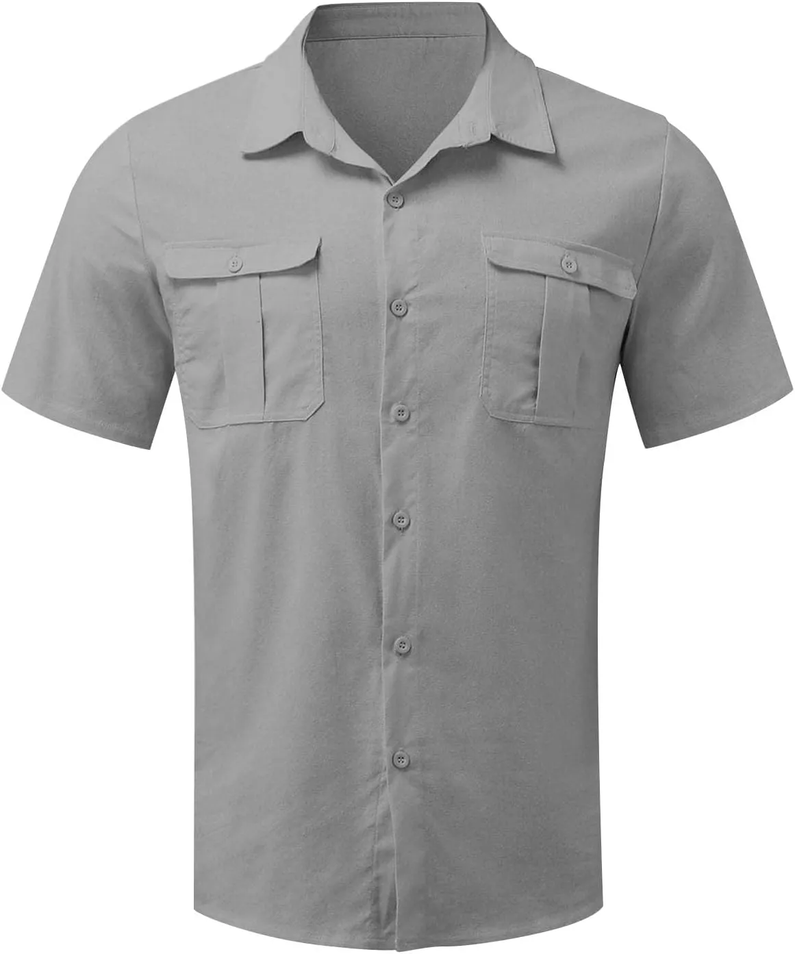 Men's Linen Shirts Double-Pocket Sport Shirt Short Sleeve Casual Shirts Button Down Shirt Beach Summer Vacation Shirts