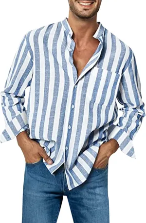 Mens Linen Shirts Striped Short/Long Sleeve Button Down Relaxed Fit Lightweight Spring Summer Casual Dressy T Shirt