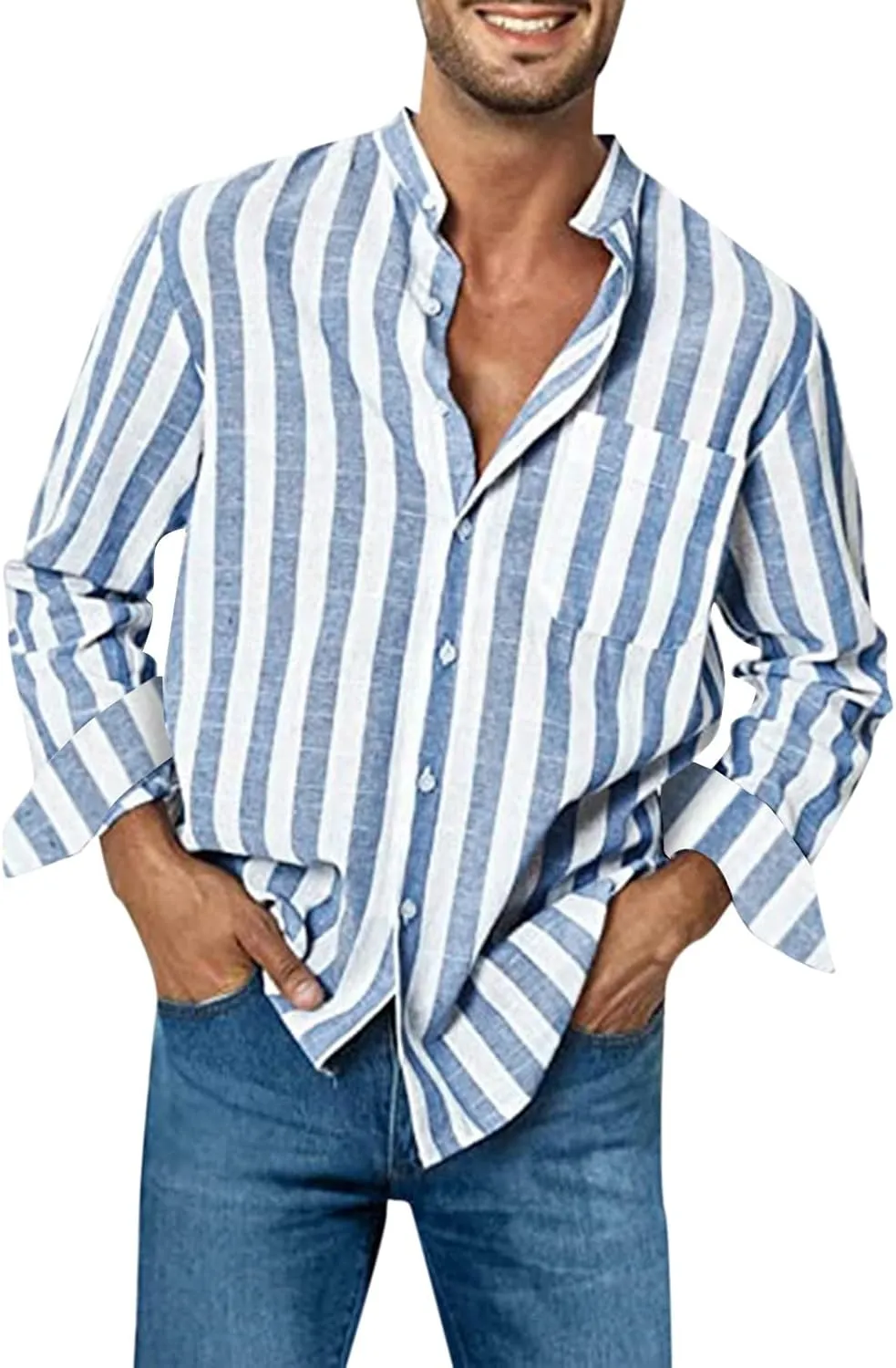Mens Linen Shirts Striped Short/Long Sleeve Button Down Relaxed Fit Lightweight Spring Summer Casual Dressy T Shirt