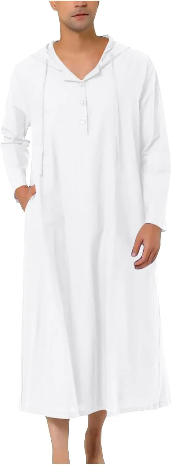 Men's Muslim Arab Caftan Long Sleeve Button Up Long Gown Drawstring Cotton Linen Hooded Muslim Robe Mens Clothing