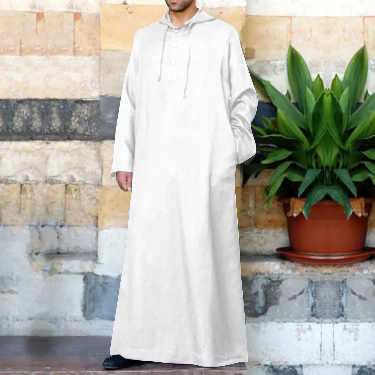 Men's Muslim Arab Caftan Long Sleeve Button Up Long Gown Drawstring Cotton Linen Hooded Muslim Robe Mens Clothing