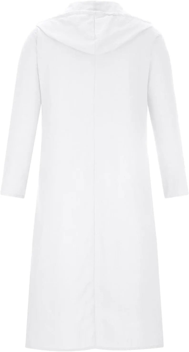 Men's Muslim Arab Caftan Long Sleeve Button Up Long Gown Drawstring Cotton Linen Hooded Muslim Robe Mens Clothing