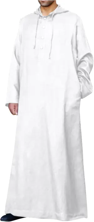 Men's Muslim Arab Caftan Long Sleeve Button Up Long Gown Drawstring Cotton Linen Hooded Muslim Robe Mens Clothing